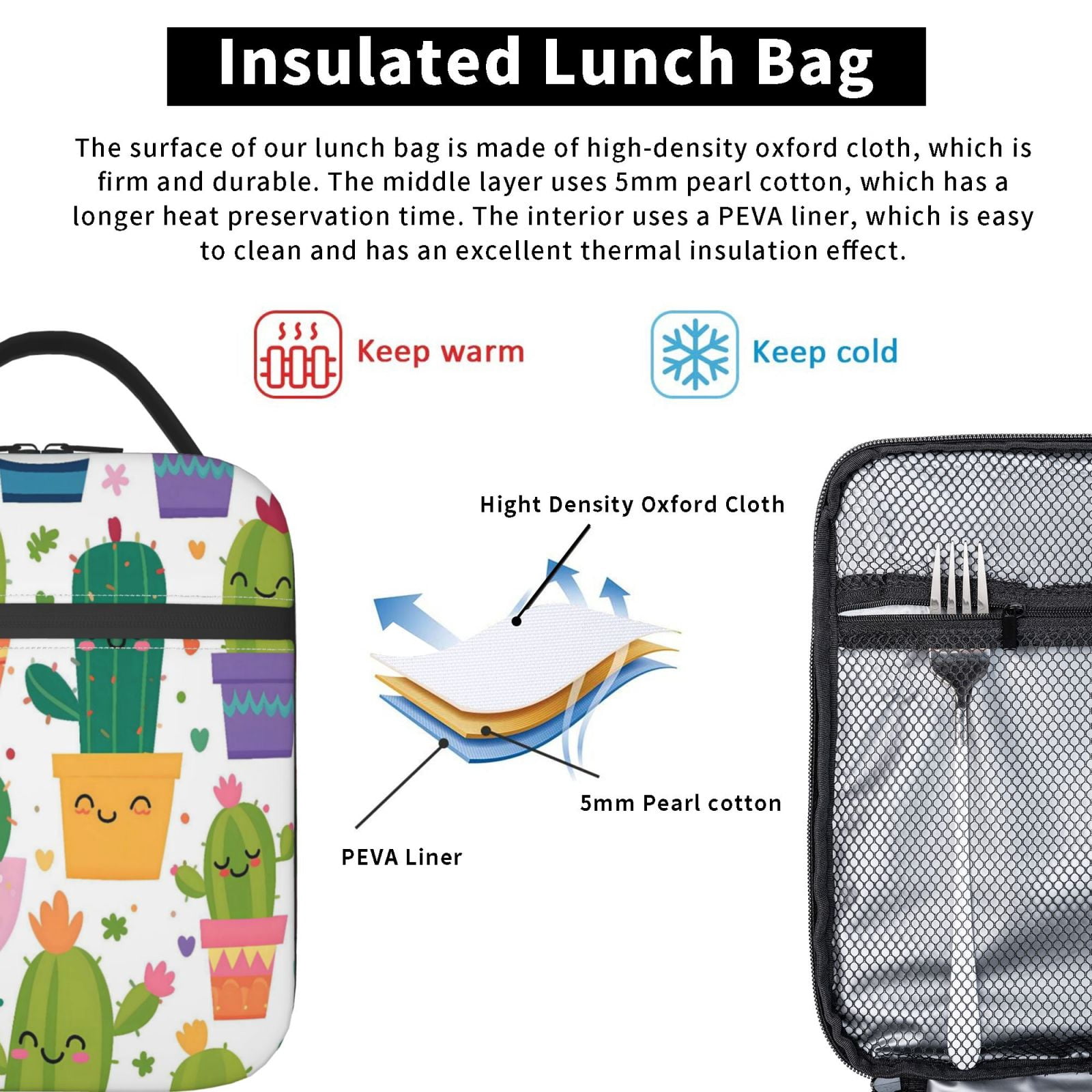 Lunch Bag For Women Men Insulated Portable Lunch Box Bento Box Office Picnic Travel Cooler Bag Cactus Potted Plant