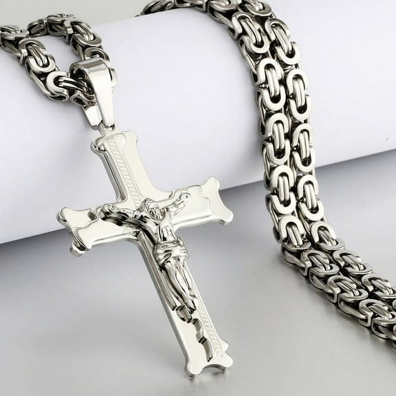 Lordluxury Fashion Jesus Cross 14K White Gold Pendants Necklaces Byzantine Long Chain Necklace for Women Men Jewelry