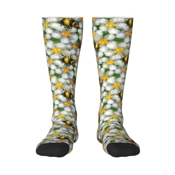 Fotbe Bees and Flower Calcetas Divertidas Estampadas para Hombre y Mujer, Calcetas de Algodón hasta la Rodilla para Caminar, Correr, Enfermería y Embarazo