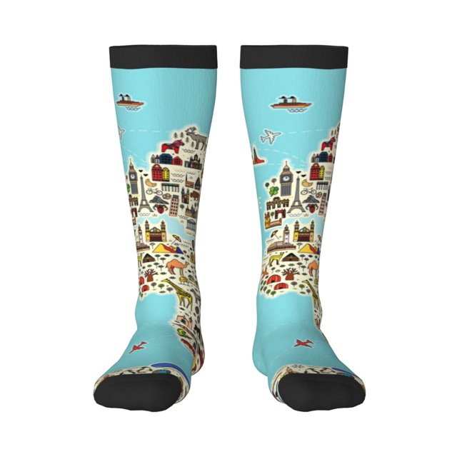 Balery World Travel Line Icons Map Calcetines novedosos Calcetines deportivos Calcetines hasta la rodilla Calcetines de algodón Calcetines originales y geniales