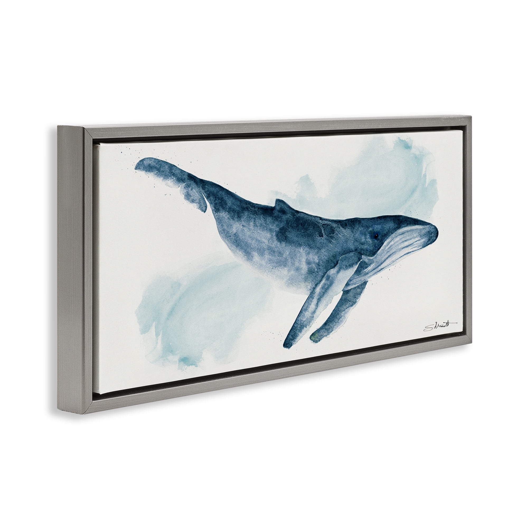 Stupell Industries Nautical Humpback Whale Animals & Insects Painting Gray Floater Framed Canvas Art Print Wall Art, 31 x 14