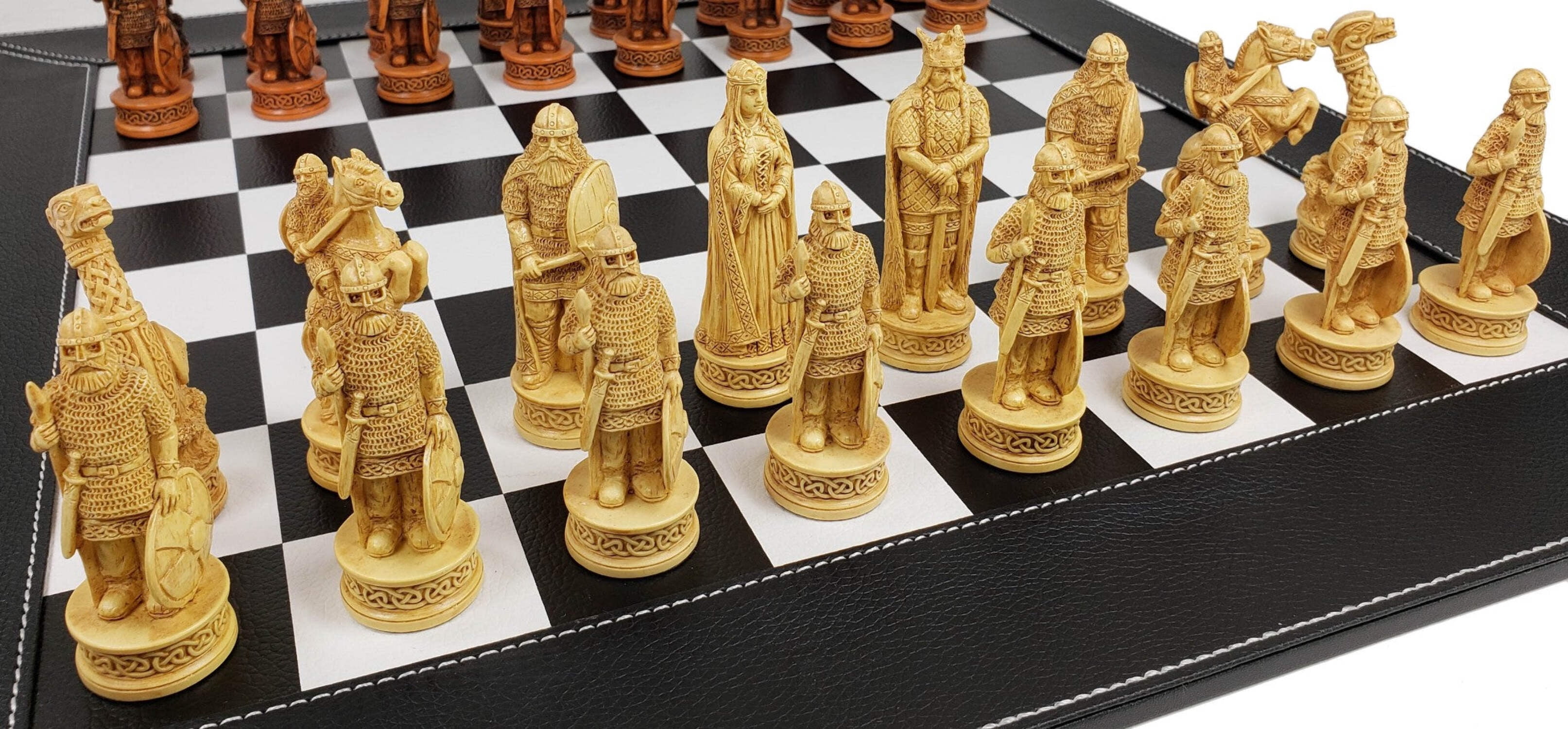 Antique White  Brown Norse Viking Chess Set 18" Black White Faux Leather Board