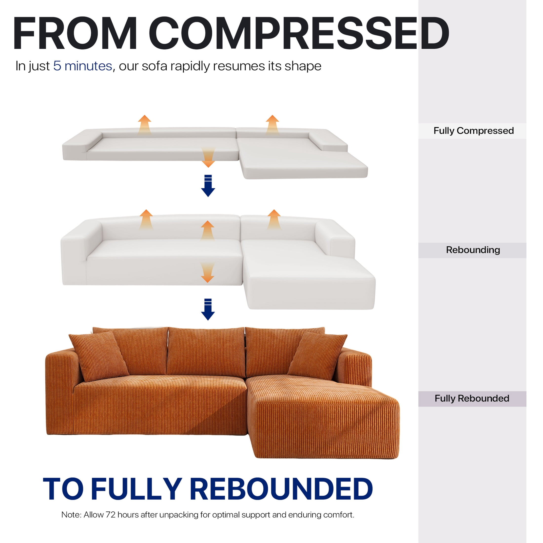Focalsweet 107" L-Shaped Sofa Couch, Modular Sectional Living Room Sofa Set, Corduroy, No Assembly, Orange