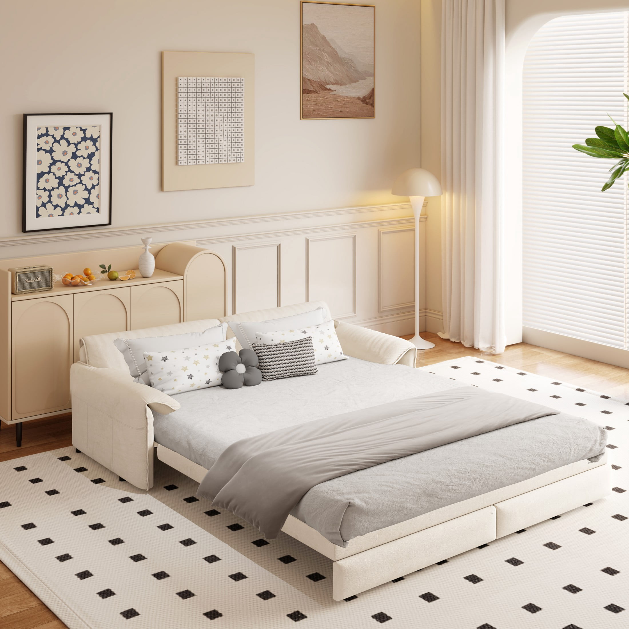 Aukfa Queen Sleeper Sofa Bed, Convertible Loveseat Pull Out Sofa Couch with Pillow Arm/Side Pockets, Beige