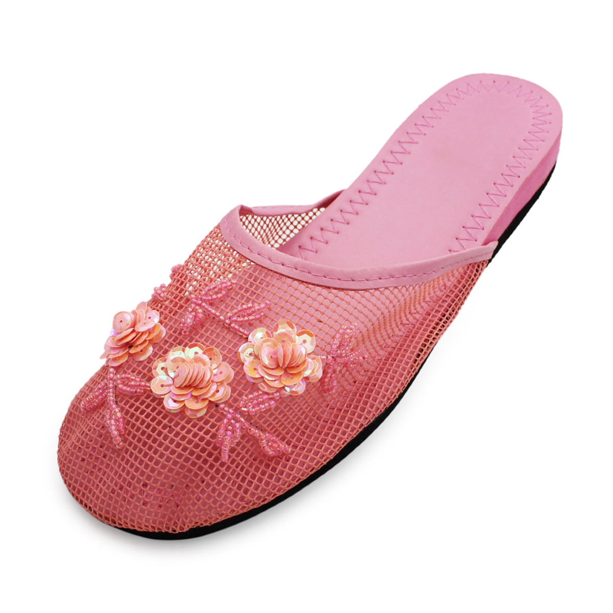mesh floral embellished beaded flat sandals
