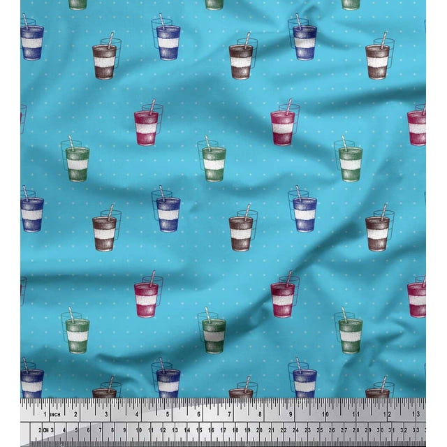 Soimoi Blue Moss Georgette Fabric Coffee Glass & Dots Print Fabric by the Yard 42 Inch Wide