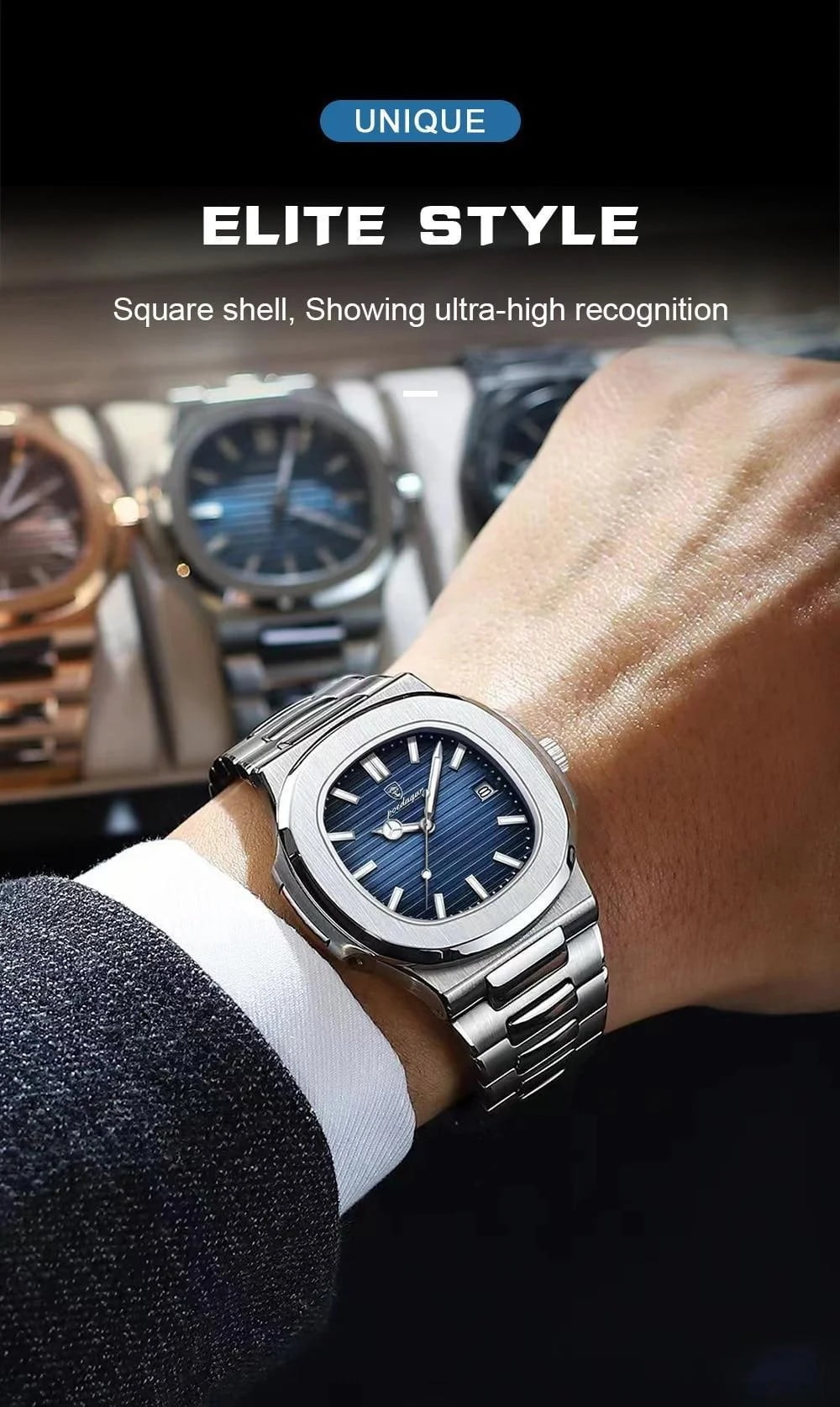 POEDAGAR New Luxury Rose Gold Quartz Watch for Men Stainless Steel Sports Waterproof Luminous Date Fashion Square Men's Watches