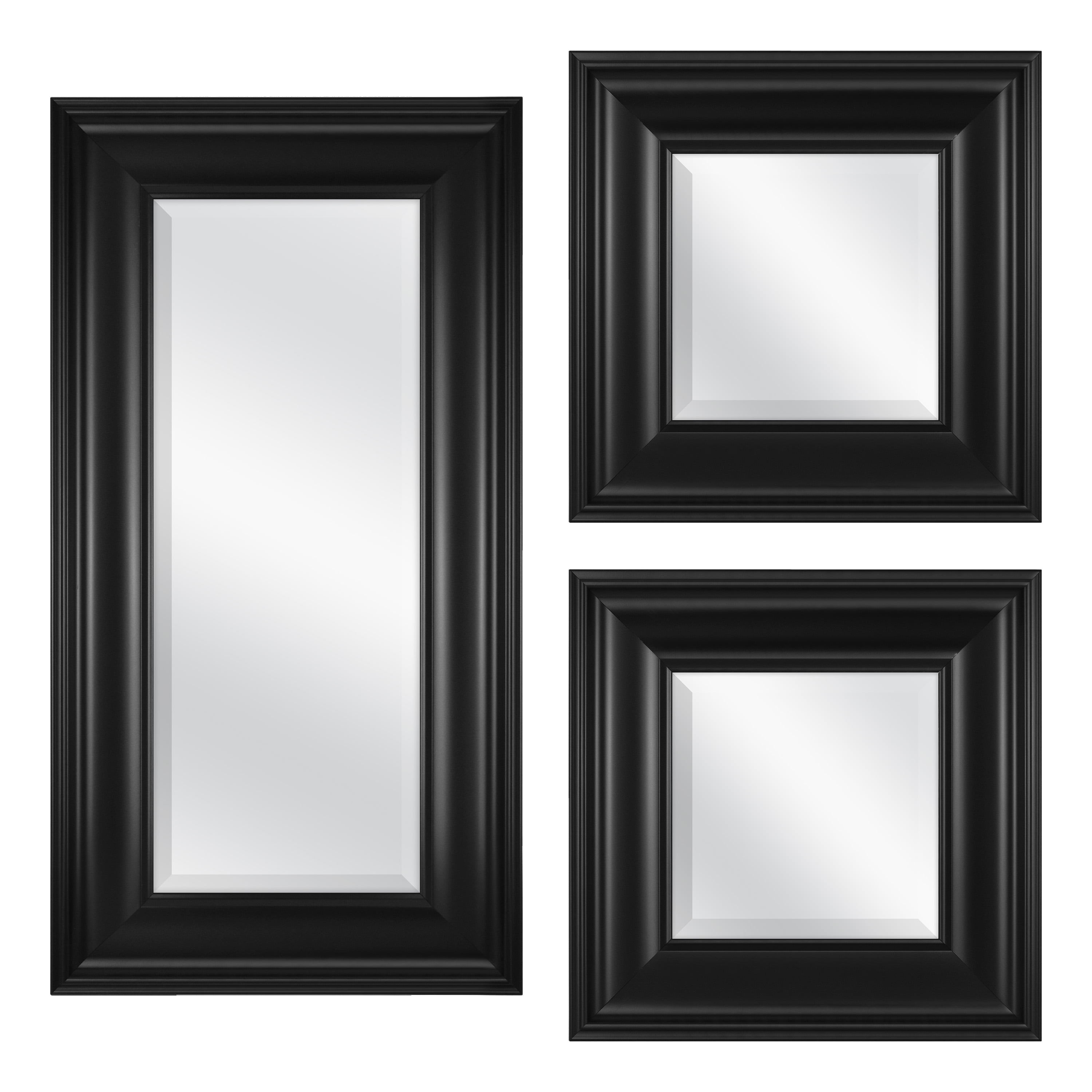 3Piece Black Accent Mirror Set, (2) 8" x 8" Mirrors and (1) 8" x 20