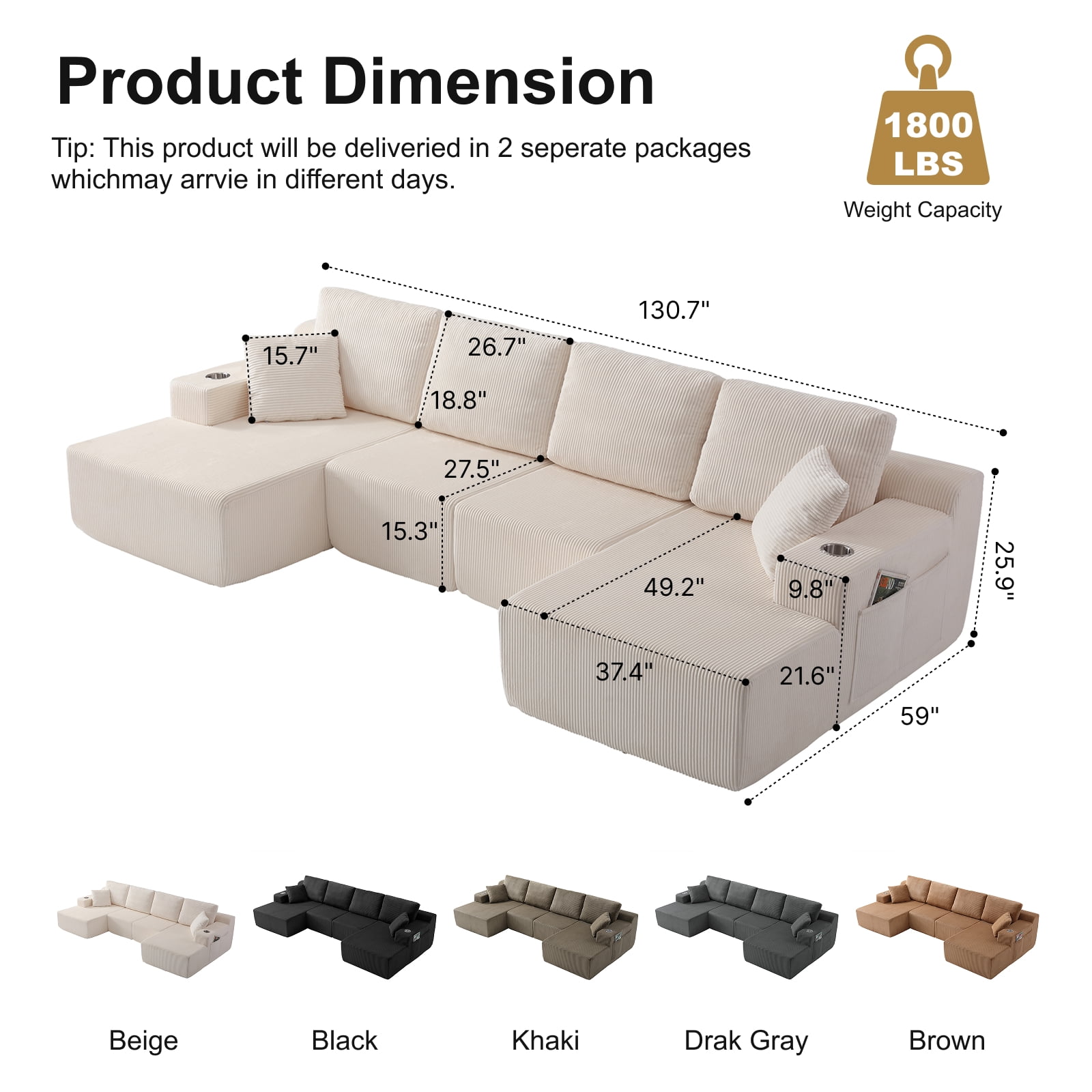130" U-Shaped Boneless Modular Sectional Sofa with Chaise, 6 Pillows and Cup Holders