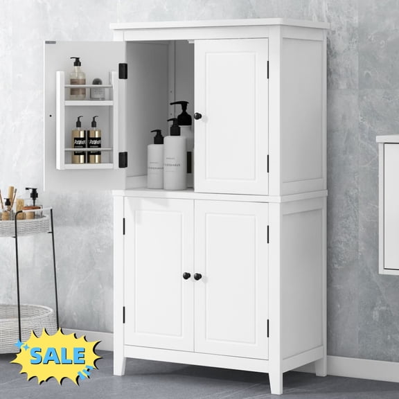 Tcbosik 43.3" Storage Cabinet with 4 Doors, Kitchen Cabinet with Door Shelves, Modern Pantry Cabinet, Bathroom Cabinet for Dining Room, Living Room, White