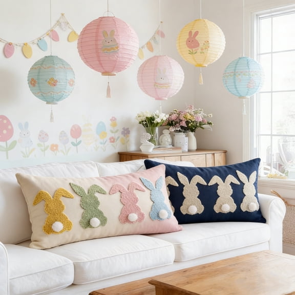 12x20 Inch Easter Bunny Throw Pillow Cover 3D Embroidered Tufted Decorative Pillowcase with Multi-Color Rabbit for Sofa and Living Room Spring Decor
