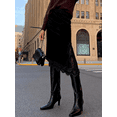thumbnail image 6 of Black Satin Lace Trim Maxi Skirt With Asymmetrical Hem And Side Slit, 6 of 8