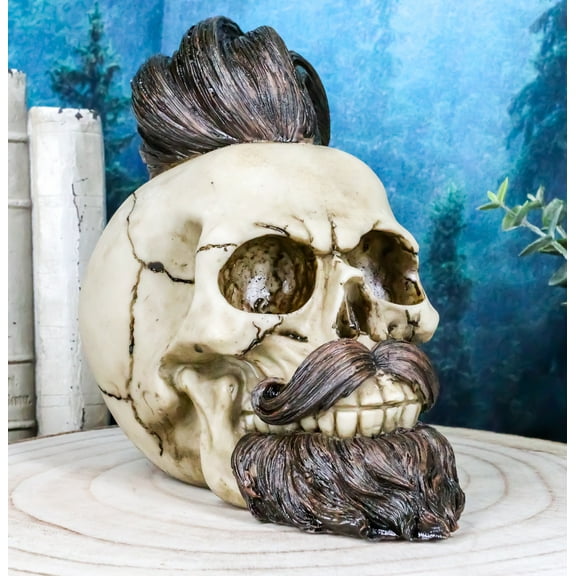 Ebros Bearded Skull with Stylish Haircut and Curled Mustache Figurine 7" Long