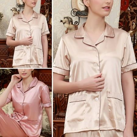 

Pontos Women Casual Solid Color Short Sleeve Top Pants Nightwear Pockets Sleepwear Set