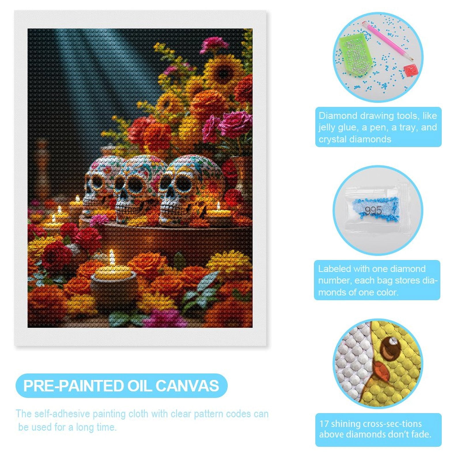 Diamond Art Kits for Adults, Ceramic Skull Floral Arrangement Candles 5D Diamond Painting Kits for Adults Beginners, DIY Full Drill Diamond Painting, Gem Art and Crafts 12x16