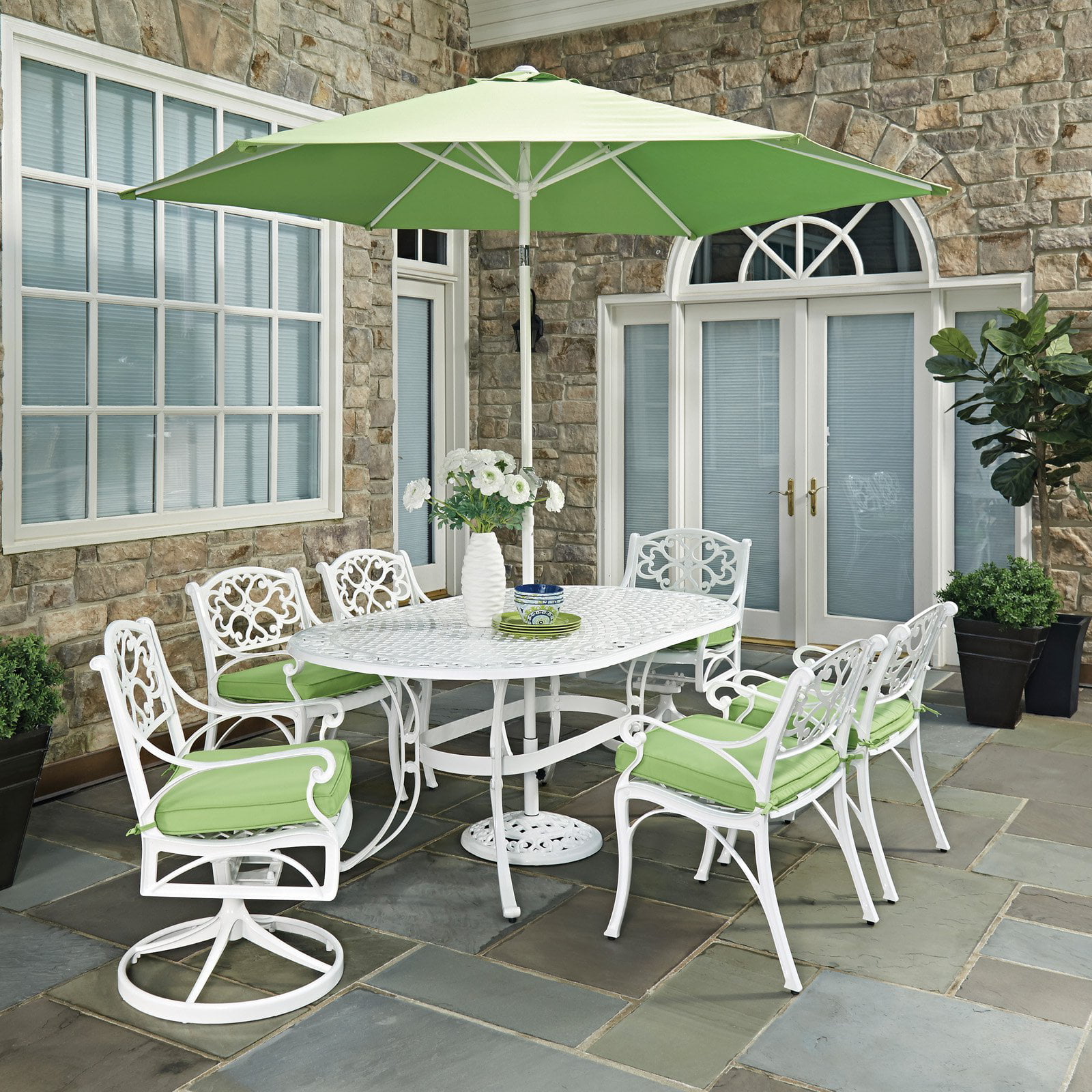 Biscayne White Oval 9 Pc Outdoor Dining Table, 4 Arm Chairs, 2 Swivel