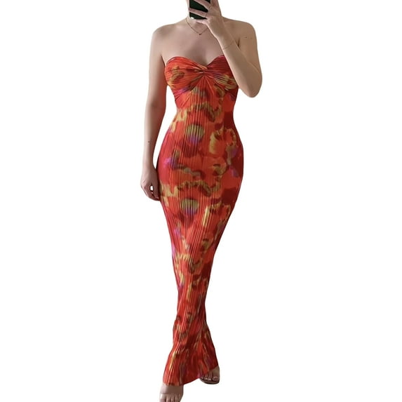 Coduop Womens Strapless Tube Dress Bodycon Long Dresses Floral Club Cocktail Night Midi Dress