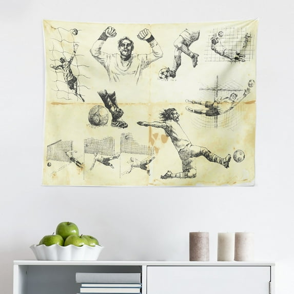 Soccer Tapestry, Soccer Ball in Net Goaly Position Sports Competition Spectators Hand Drawn Style, Fabric Wall Hanging Decor for Bedroom Living Room Dorm, 2 Sizes, Black White, by Ambesonne