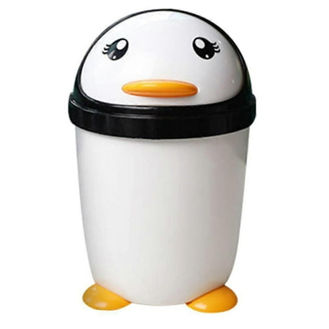 Cute Penguin Swing Lid Trash Can for Kids Plastic Wastebasket for Bedroom Office Car Kitchen Home Creative for Children Room Desktop Use