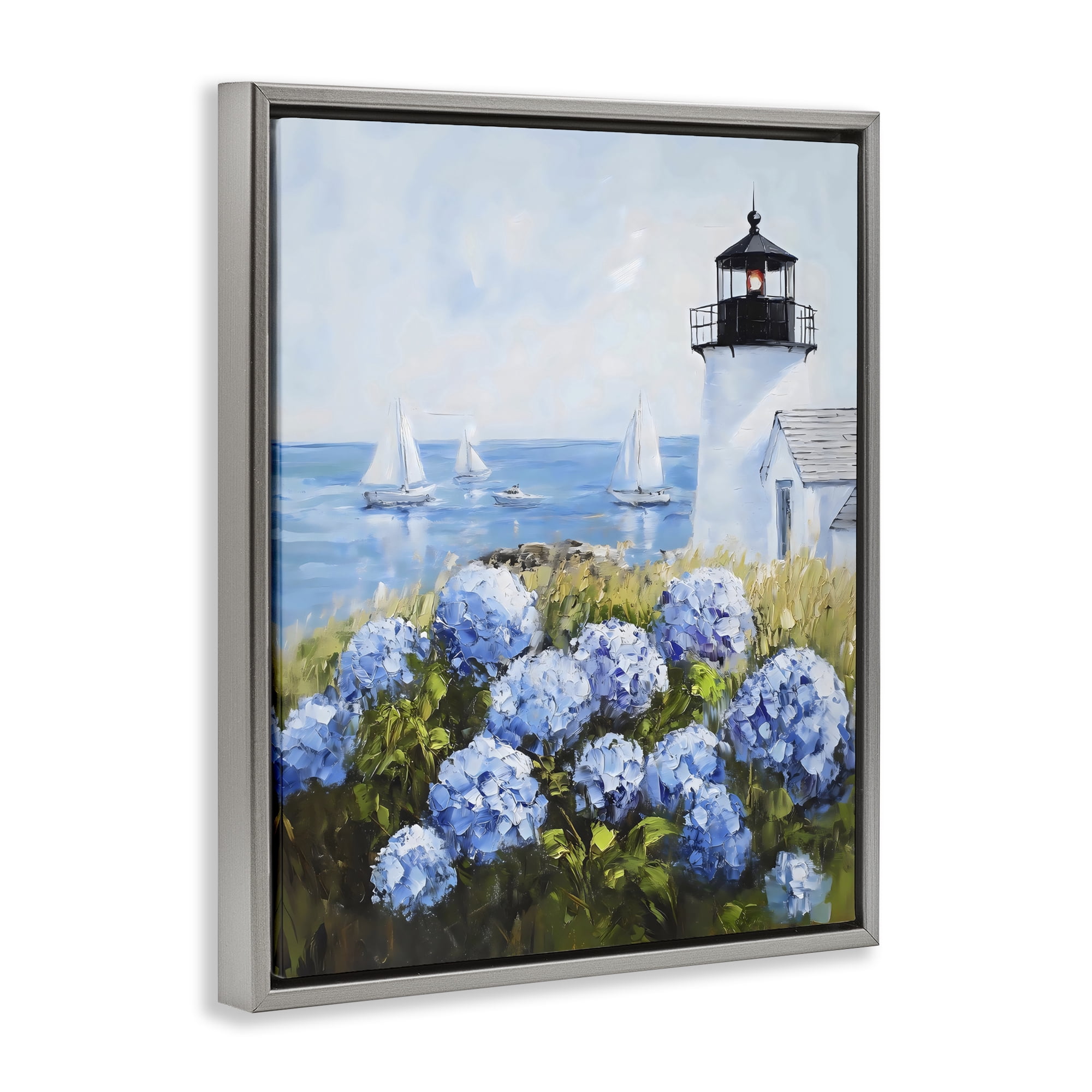 Stupell Industries Lighthouse Surrounded by Hydrangeas Gray Framed Floater Canvas Wall Art, design by Arlington Prints