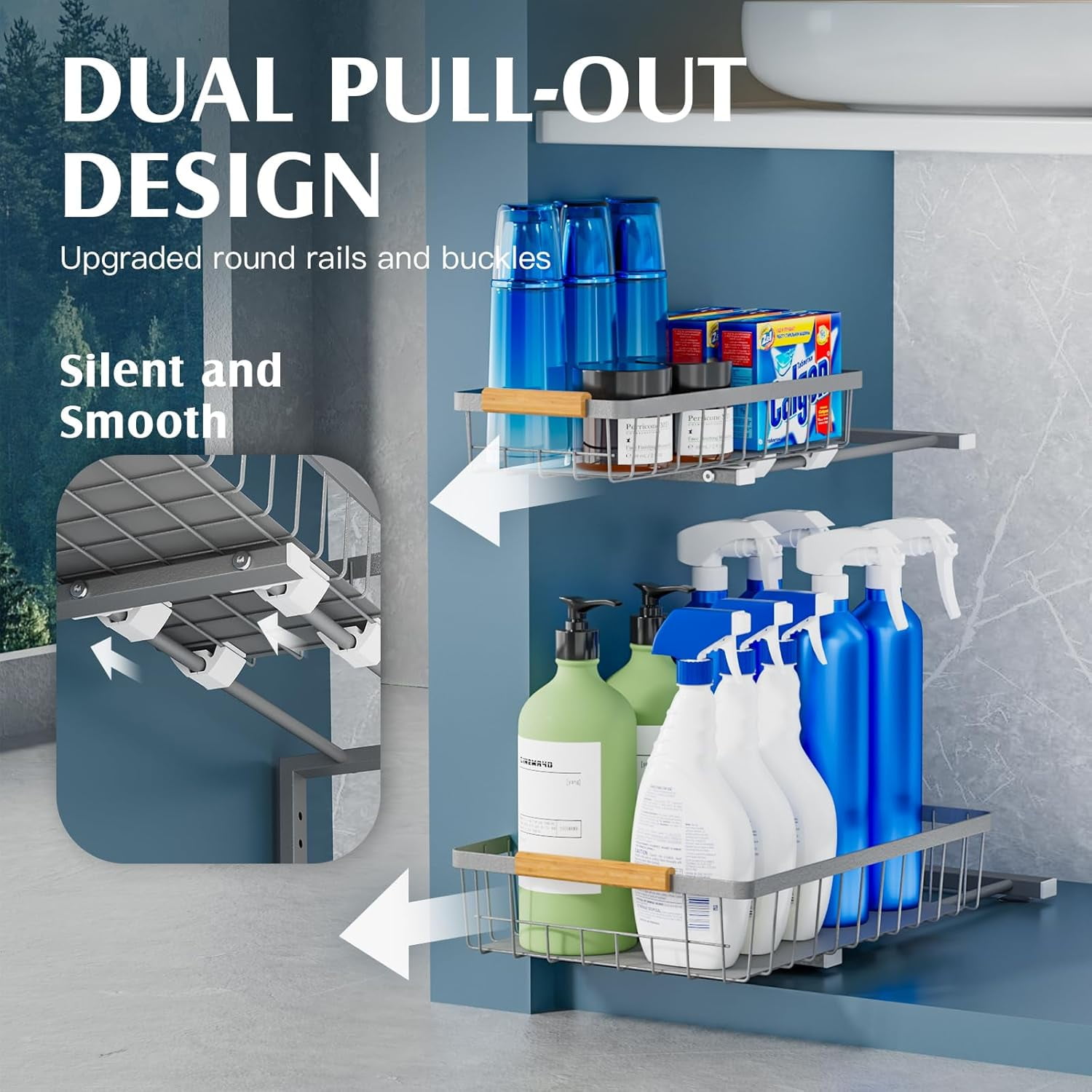 Under Sink Organizers and Storage, 2 Pack Under Kitchen Bathroom Cabinet Organizer, 2 tier pull out cabinet organizer, Adjustable Height Kitchen Cabinet Organizers and Storage, Gray