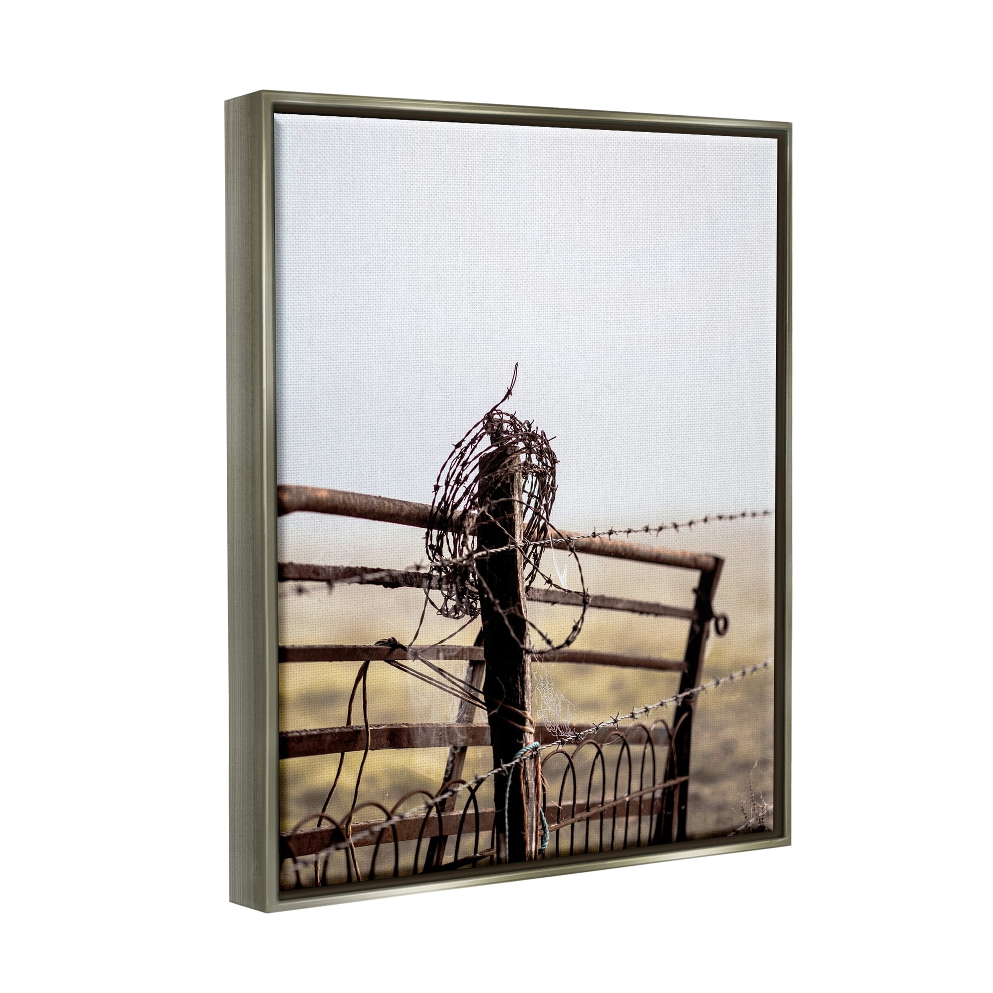 Stupell Industries Rural Meadow Fence Barbed Wire Countryside Photography Photograph Luster Gray Floating Framed Canvas Print Wall Art, Design by Leah Straatsma