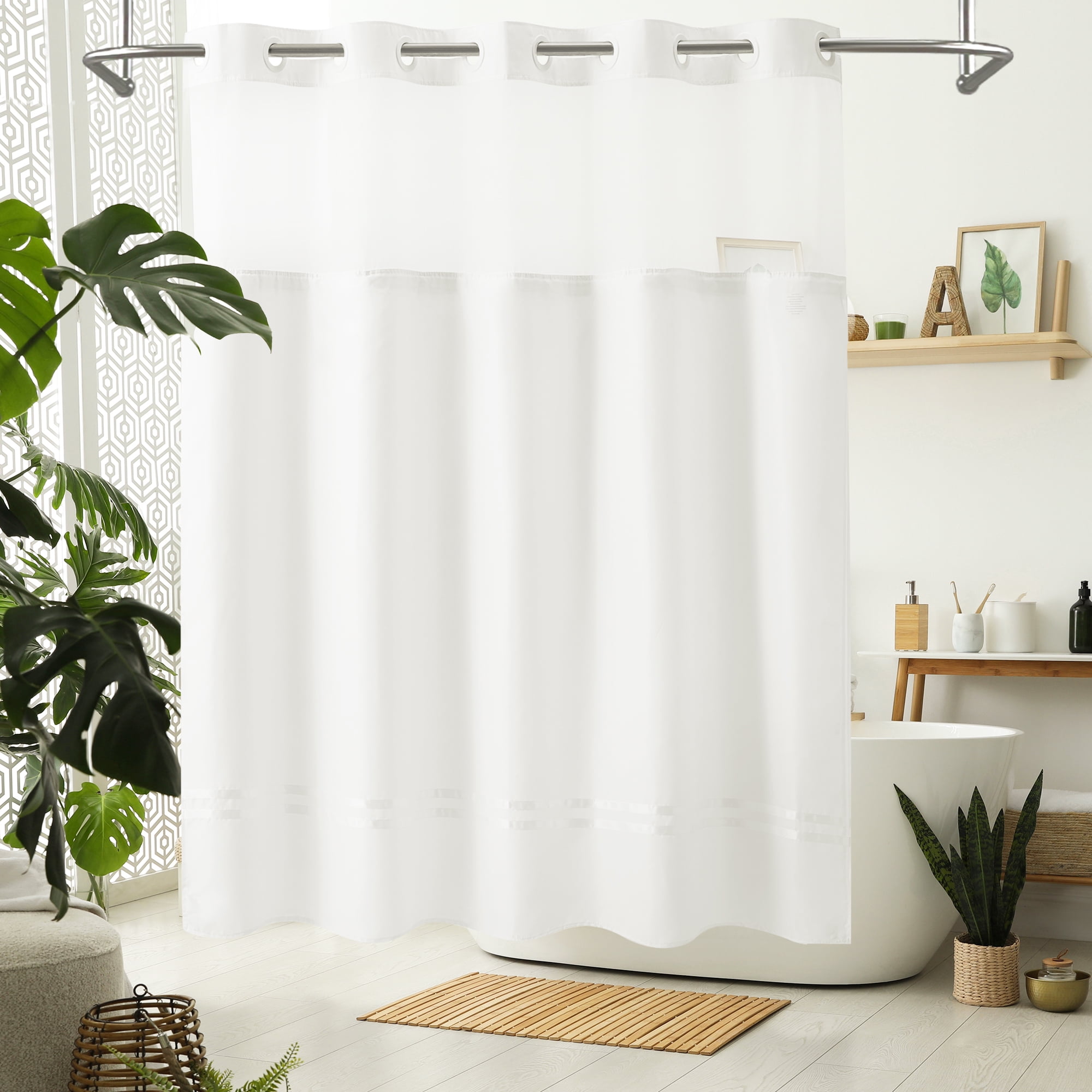 Barossa Design No Hook Fabric Shower Curtain with Liner, Satin White Stripe, Mesh Window, White-71' x 74'