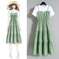 thumbnail image 6 of Fartey Women's Fashion Fake Two Pieces Dress Casual Summer Short Sleeve Crewneck Knee Length Dresses Lightweight Spaghetti Strap Tiered Slip Dress Holiday Sundress Green XXL, 6 of 9