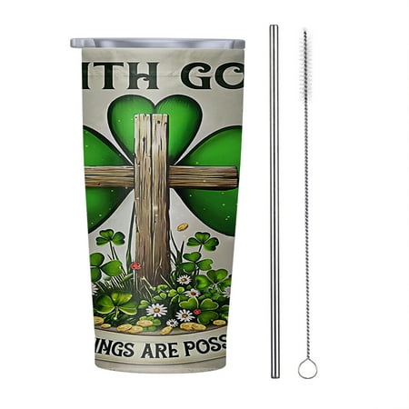 

Irish St Patricks Day Shamrock With God All Things Are Possible 20oz Tumbler Insulated Stainless Steel Water Bottle Portable Travel Coffee Tea Mug Cup