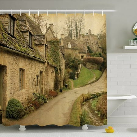 Ambesonne Farm House, British Town with Stone Houses Retro England Countryside Buildings Image Shower Curtain
