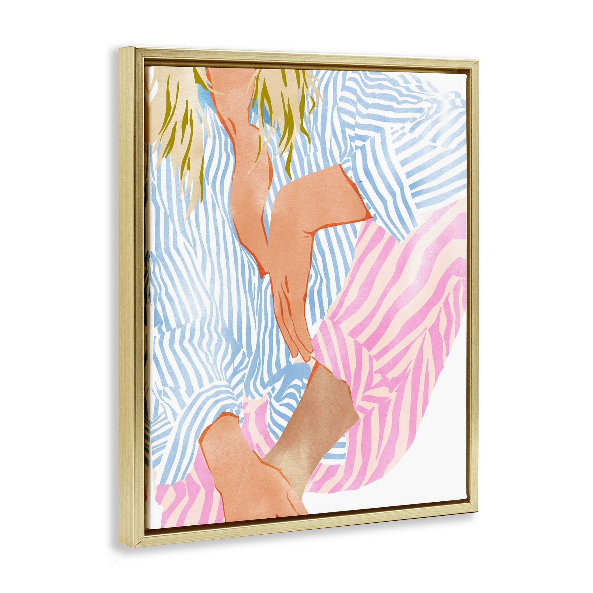 Woman in Pastel Stripes Gold Framed Floater Canvas Wall Art, design by Ziwei Li