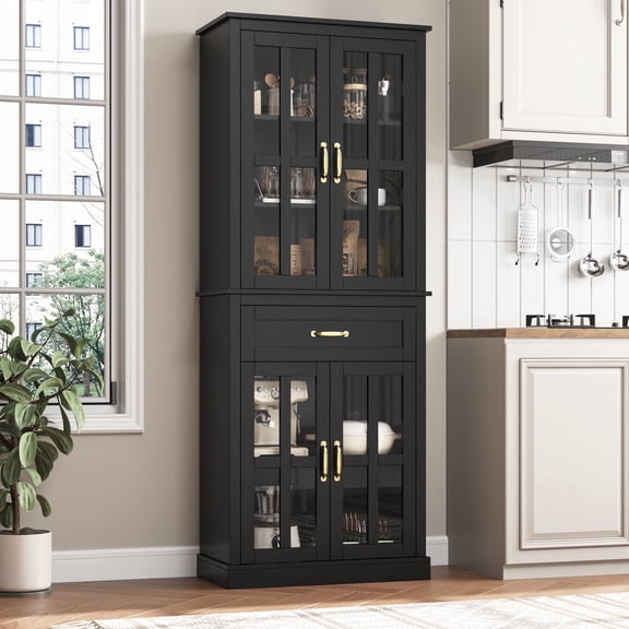 Homfa Modern Storage Cabinet with Glass Doors, 71'' Kitchen Pantry with Adjustable Shelves, Wood Bookcase, Black