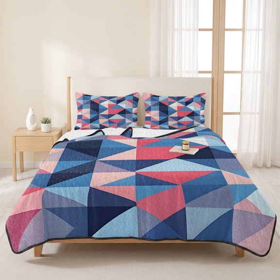 3 Piece Summer Bed Quilt Set King Size,Blue Red Pink Gradient Color Block Lightweight Bedspread Coverlet with 2 Pillowcases Modern Abstract Check Soft Comforter Bedding Quilts for All Season