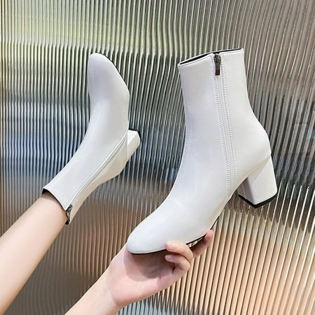 

Tdoqot 2023 Boots for Women- Fashion Chunky Heel Christmas Gifts Mid-Heel Women s Ankle Boots White 37