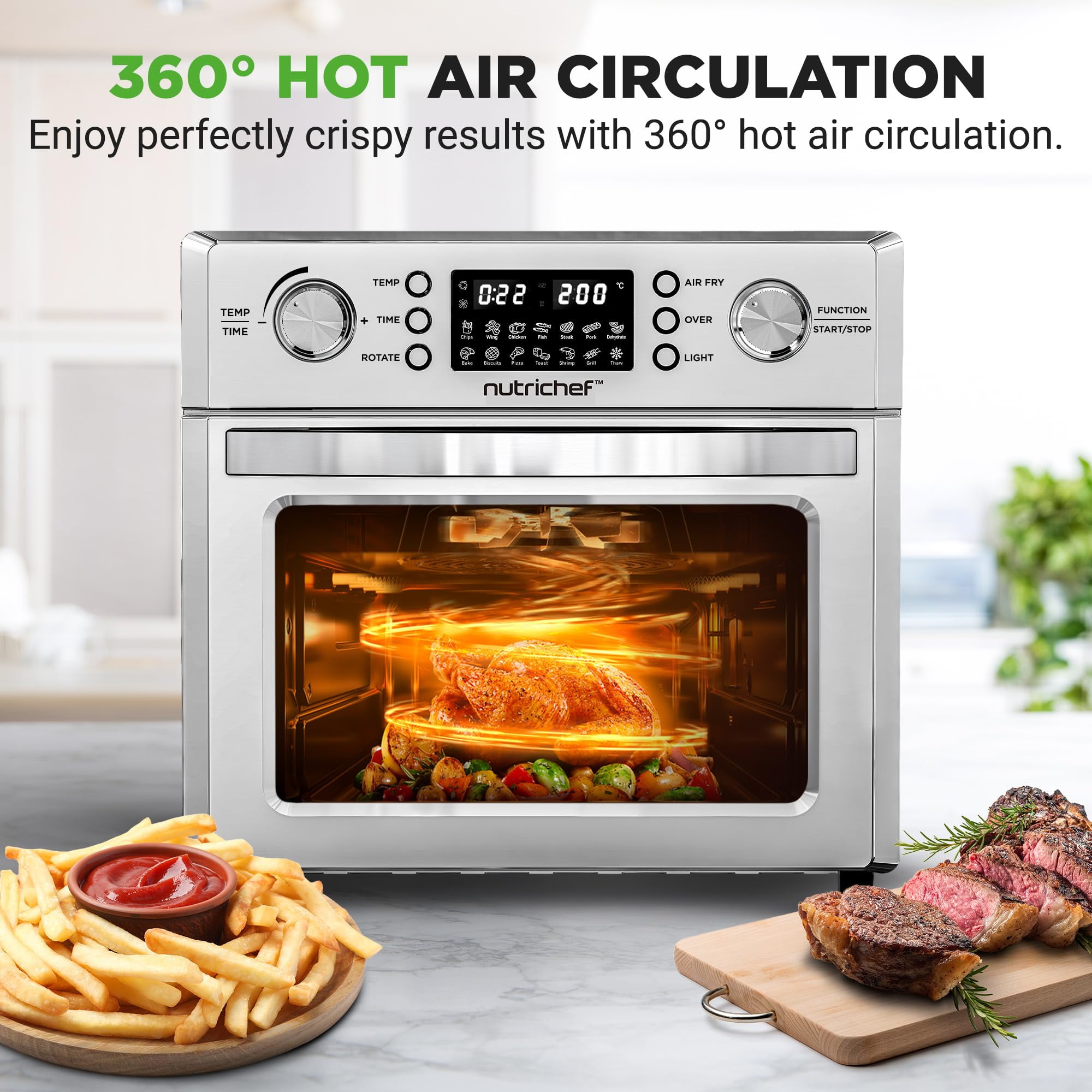 NutriChef 26L Electric Air Fryer Oven | 1700W Countertop Rotisserie & Air Fryer | 360° Rotating Feature | 10 Digital Menu Presets | Includes Drip Tray, Air Frying Basket & Bake Rack 15x16x14 (Silver)