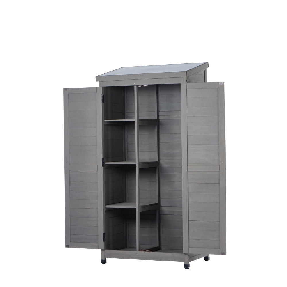 68" Cedar Wood Outdoor Storage Cabinet with Metal Top - Gray Garden Shed for Patio, Deck, Yard - Durable, Waterproof, Magnetic Closure
