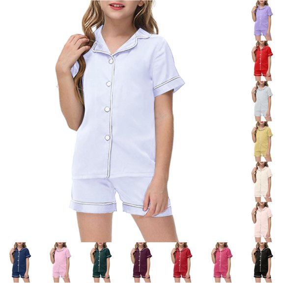 WAYUTE Pajamas for Girls Ice Silk Home Outfit Kids Short Sleeve Button Down Classic Lapel Shirts and Shorts Solid 2 Piece Clothes Set Nightwear Casual Indoor,Silver,Size 6 Y-7 Y