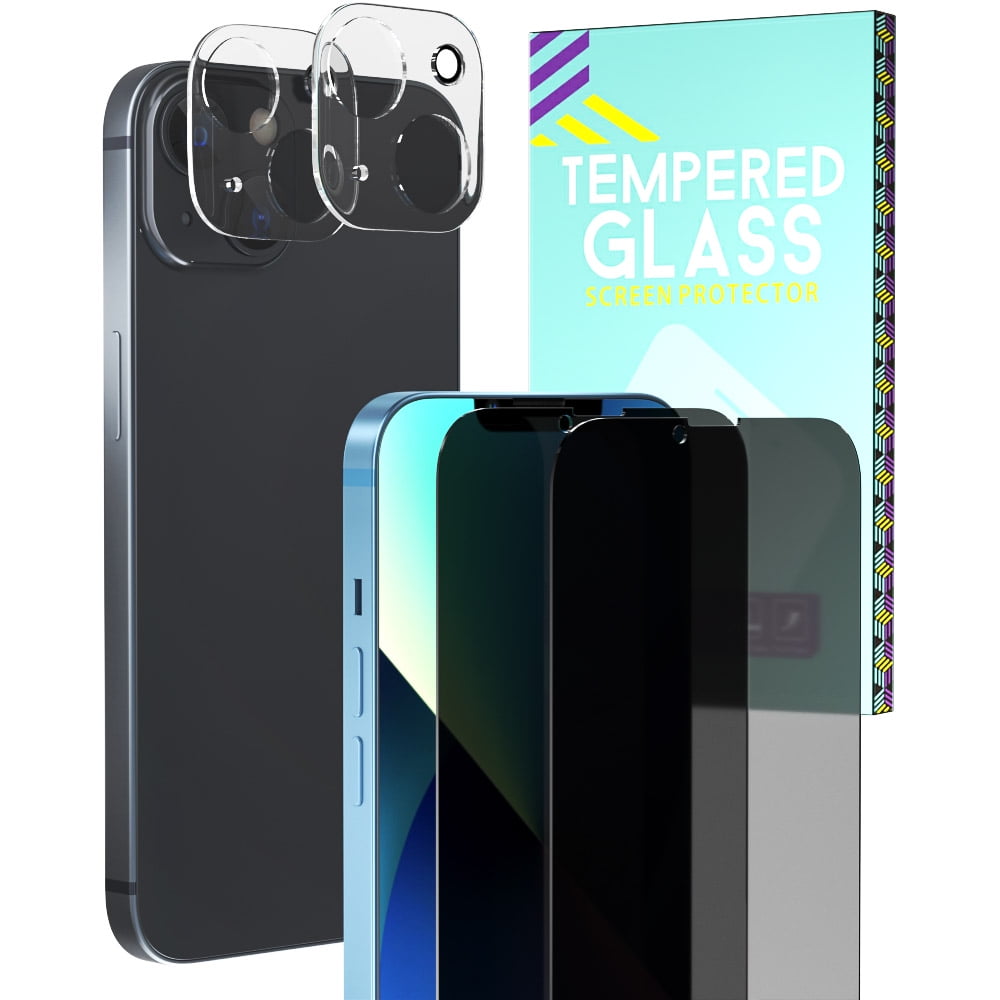 NIFFPD Designed for iPhone 13 Privacy Screen Protector, 2 Pack 9H Anti Spy Tempered Glass with 2 Pack Lens Protector, Bubble Free, Easy Installation
