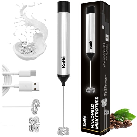 Kaffe Premium Milk Frother. Milk Frother Handheld for Coffee. Handheld Milk Frother Electric w/Powerful Rechargeable Motor (No Batteries Reqd. Includes USB Cable, Single/Double Whisks)
