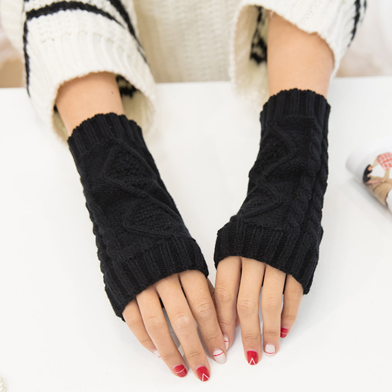 Ladies Women Soft Fingerless Knitted Gloves Winter Arm Wrist Warmer Knit Mitten 