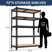 TrumanPick Storage Shelves 5 Tier Garage Metal Storage Shelving Unit Heavy Duty Utility Shelf Rack 36 W x 15.98 D x 72 H 2000lbs, Black