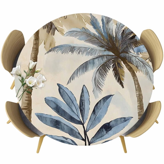 Palm Trees Table Cloth, Round Fitted Tablecloths with Elastic Edge, Blue Brown Vintage Watercolor Tropical Wipeable Waterproof Table Cover for Kitchen Wedding 45-54 Inches