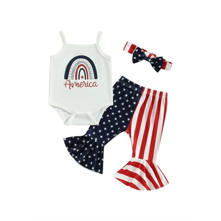 

4th of July Baby Girl Outfits Bell Bottoms Set Sleeveless Rainbow Letters Romper + Stars Stripes Flare Pants + Headband