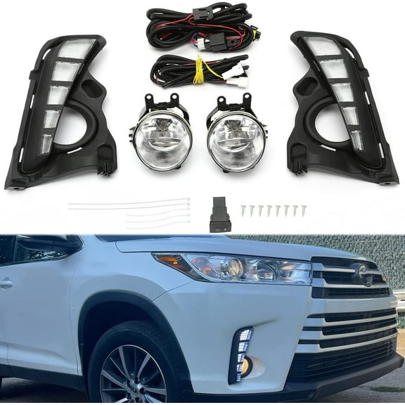 LED Daytime Running Light Kit For 2017-2019 Toyota Highlander, White/Amber LED Foglamp Bezel Assembly