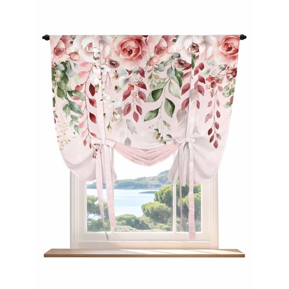 Pink Valentine's Day Tie Up Curtains for Windows 45 Inch Length Balloon Curtains Kitchen Adjustable Balloon Window Shade Roses Romantic Art Spring Floral Tie Up Bathroom Curtain Window 52"x45"