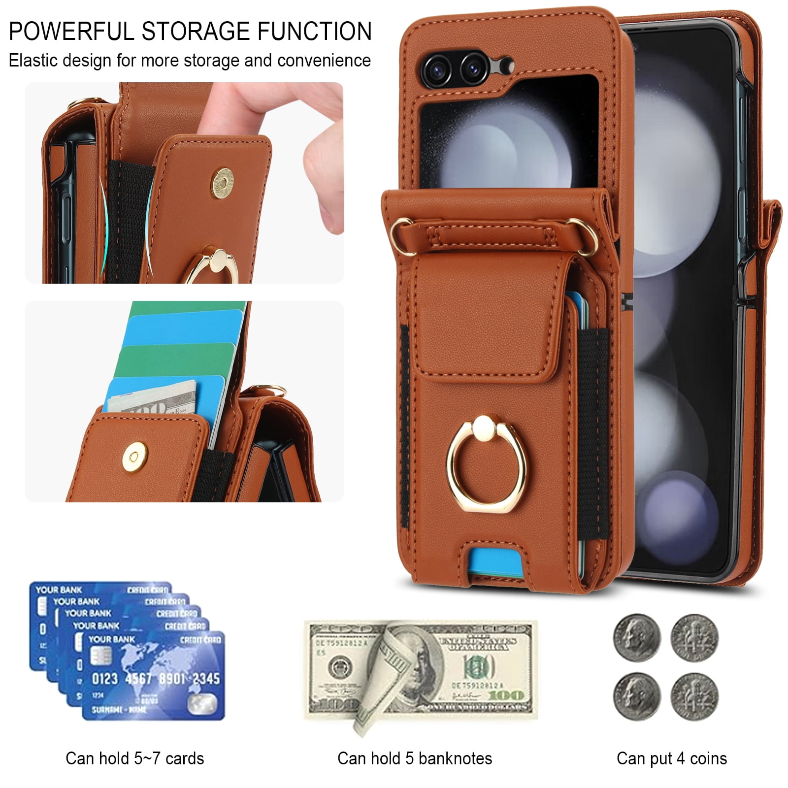 for Motorola Razr 60/Razr 2025 Case, Retro PU Leather Shockproof Protection Phone Case Wallet Built in Credit Card Slots Flip Cover Finger Ring Stand with Long Strap + Short Strap, Brown