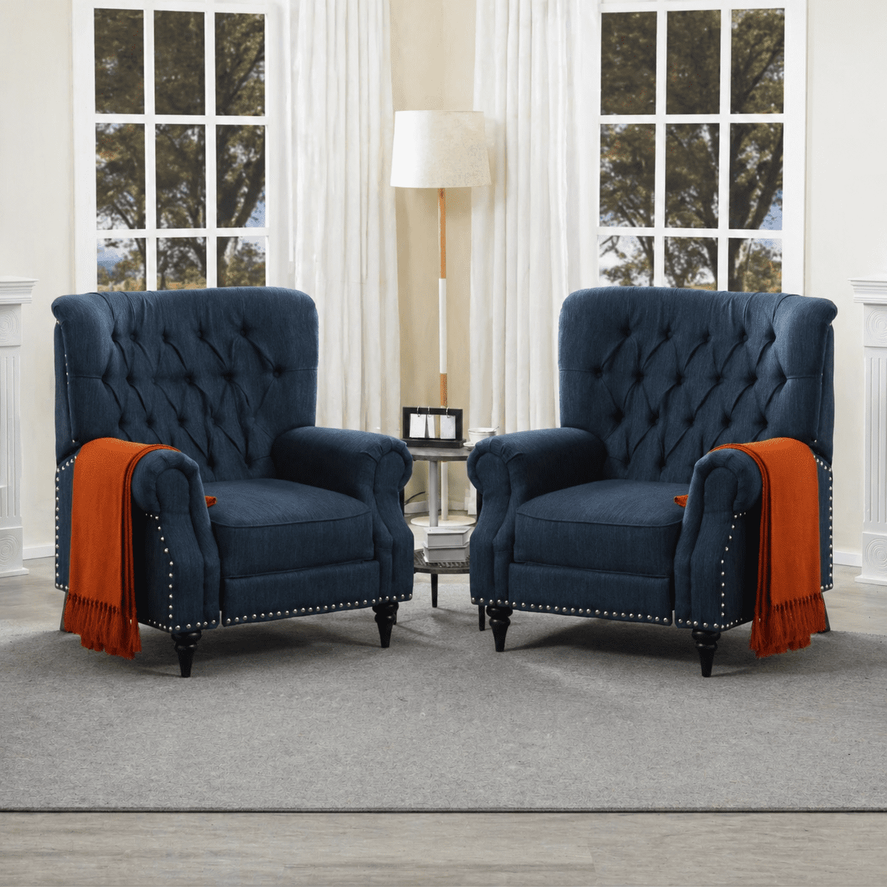 Gewnee 38.58” Manual Push Back Recliner Linen Fabric for Living Room Office Bedroom Blue