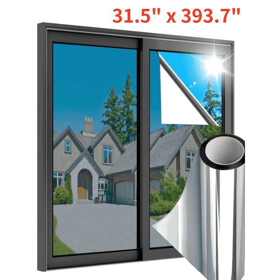 Gtouse One Way Window Privacy Film, Daytime Privacy Mirror Film, Anti UV Static Window Tint for Home and Office, 31.5" x 393.7", Silver