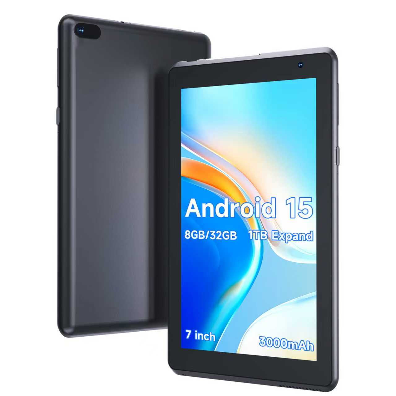 Android 15 Tablet 7 inch Tablets, 8GB RAM 32GB Storage 1TB Expand Quad-Core Processor Tablet PC, 1024 x 600 IPS HD Touch Screen, 2MP+5MP Dual Camera, 3000mAh Battery, WiFi, Bluetooth, GMS, Black