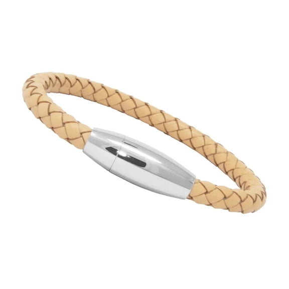 Genuine Braided Leather Bracelet with Satin Silver-Tone Stainless Steel Clasp, 9-Inch Beige